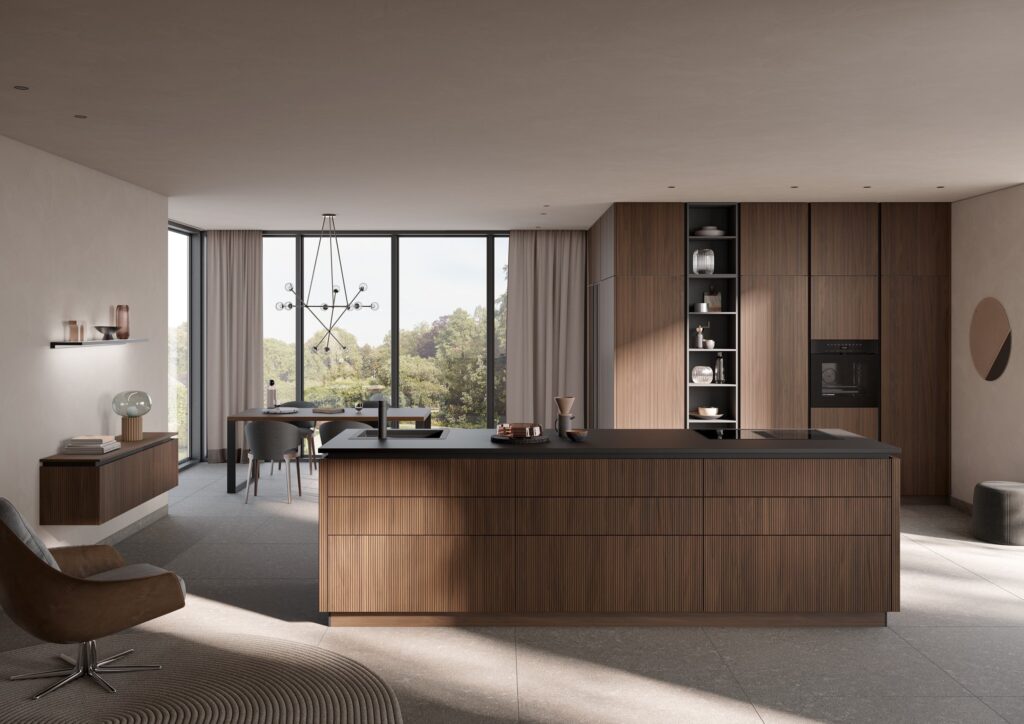 Luxury modern kitchen design with fluted timber cabinetry, black benchtop, open shelving and floor-to-ceiling windows