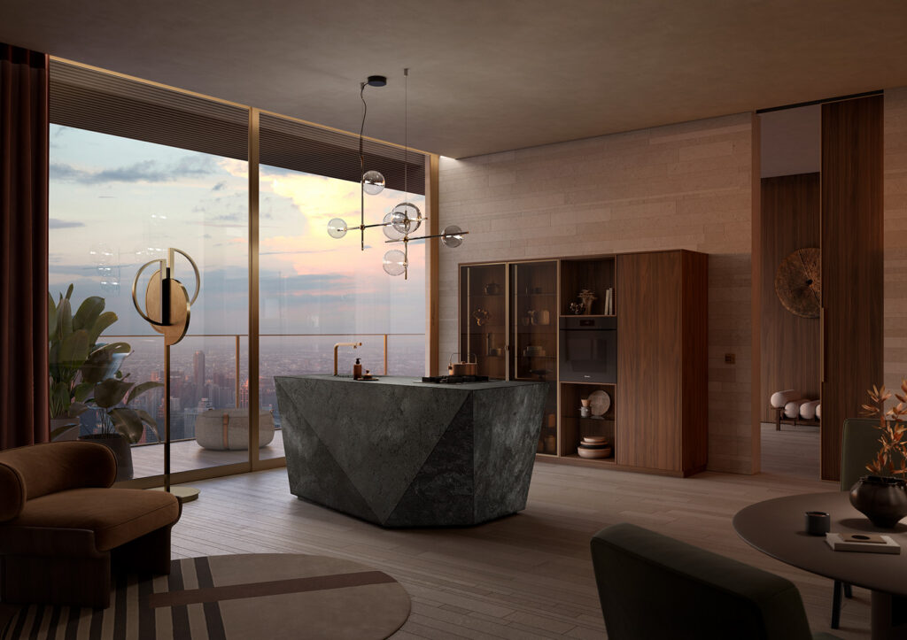 Luxury modern kitchen design with walnut veneer cabinetry, sculptural stone island and city views through floor-to-ceiling windows