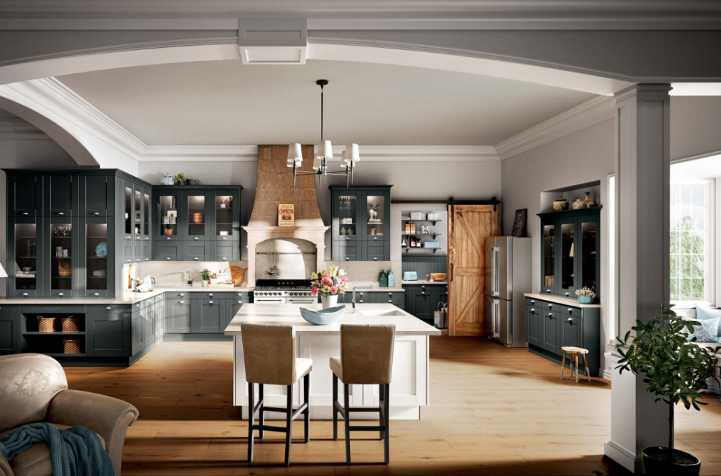 a kitchen cabinet design with a large island and chairs