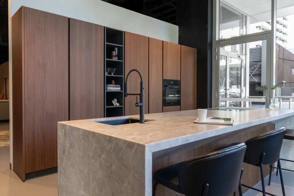 Walnut island with bar stools, Häcker showroom in Fortitude Valley, Brisbane
